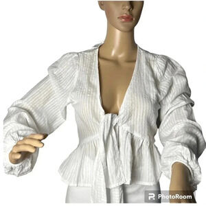 AE,peplum front tie crop top ,peasant sleeves ,linen cotton,striped,NWT